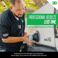 3D One being used with a DA polisher on a car door illustrating faster results