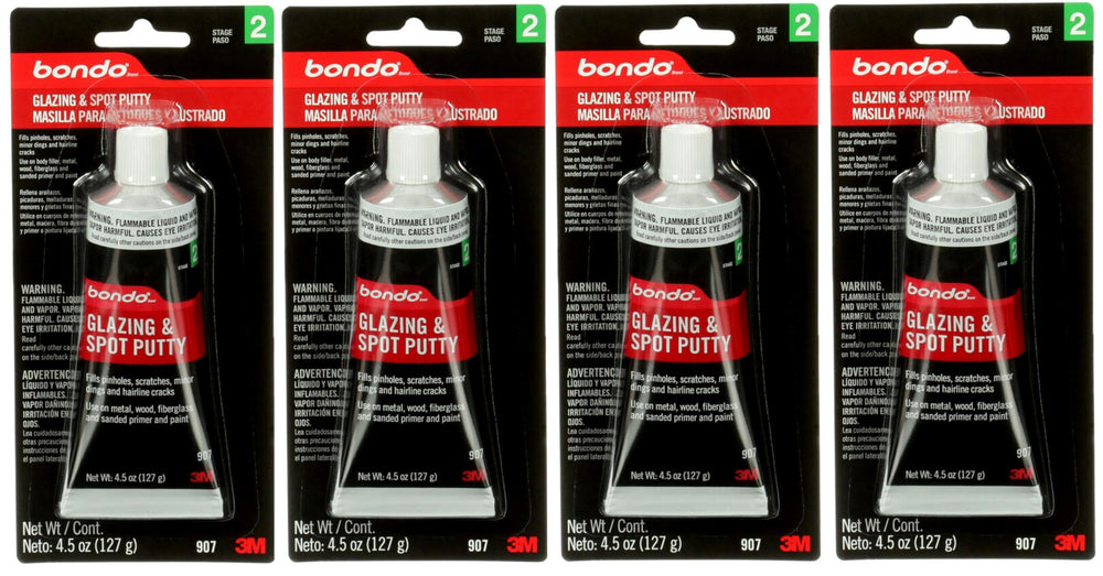 3M Bondo 907 front packaging showing 4-pack and quick sanding benefit