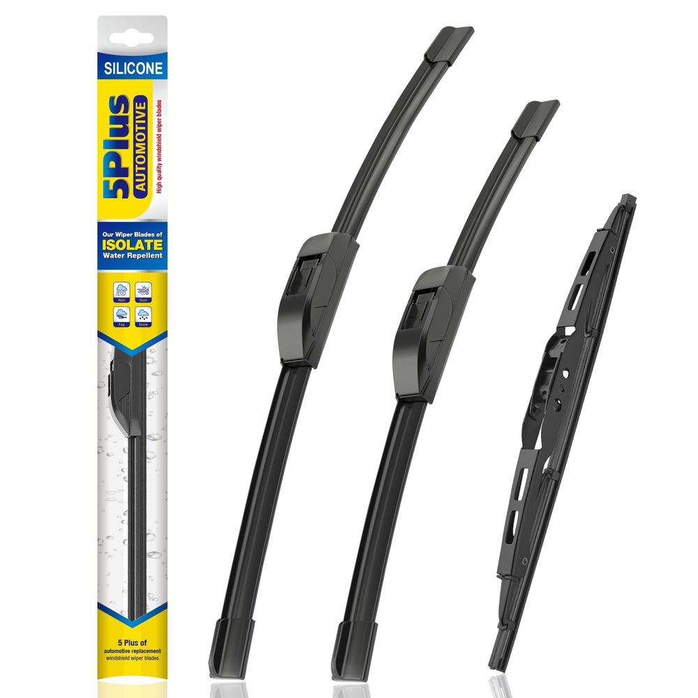 5 PLUS packaging showing three wipers and fitment for Chevy Traverse, easy complete replacement
