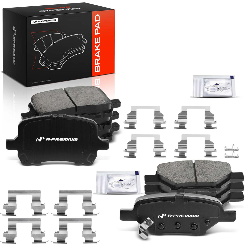 A-Premium packaging showing full front and rear ceramic brake pad kit benefits
