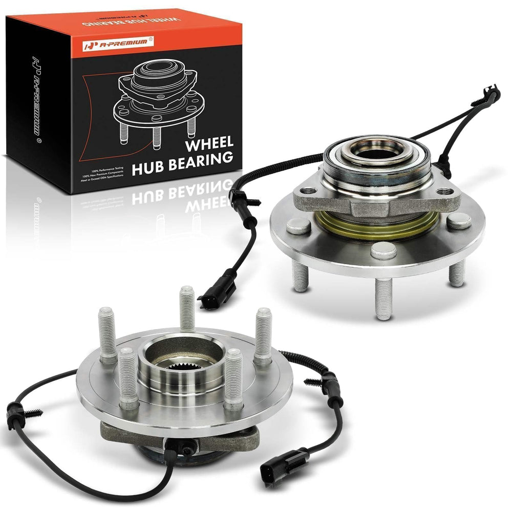 A-Premium front hub assembly pair front view showing direct-fit replacement benefits