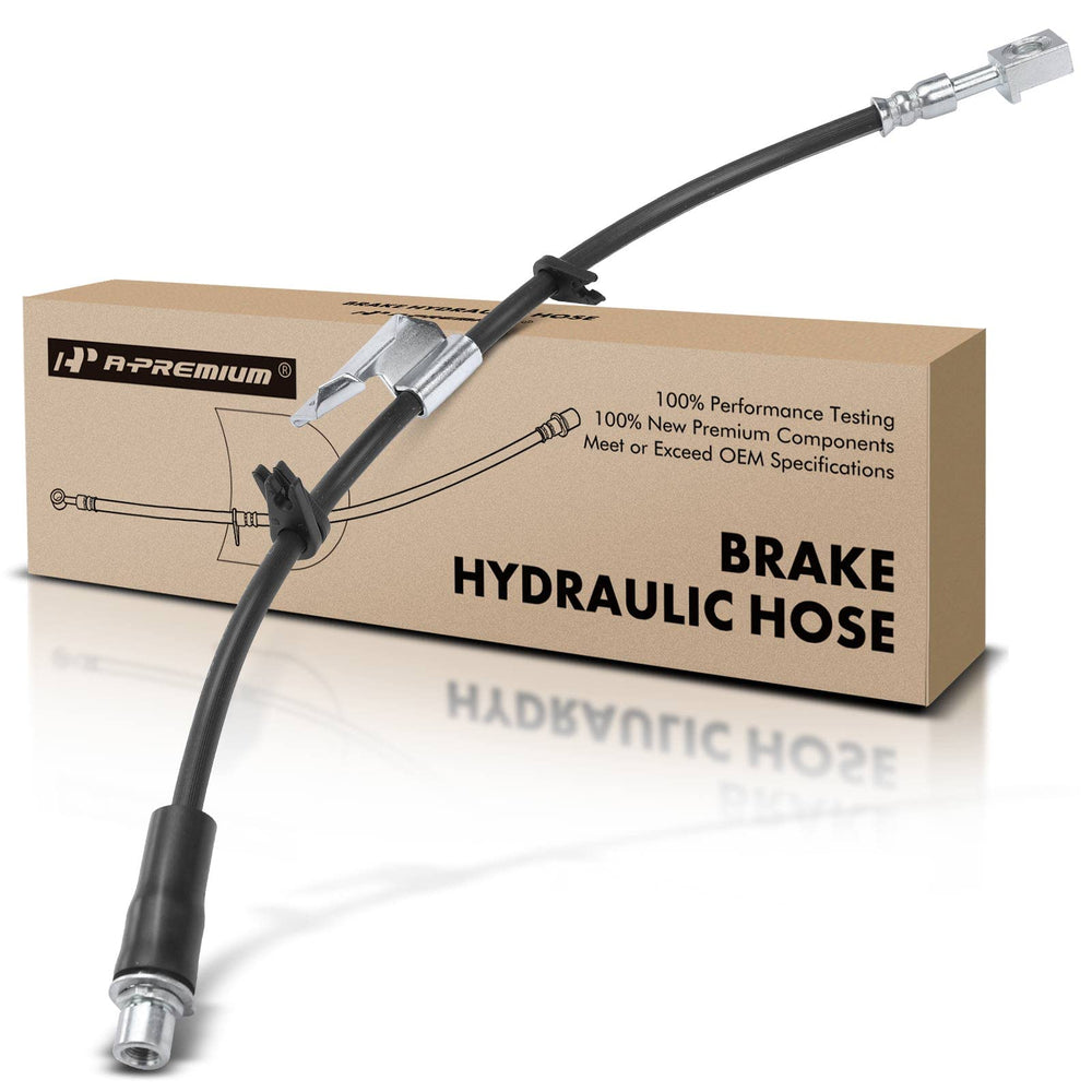 A-Premium packaged front-left brake hose showing product and fitment benefit