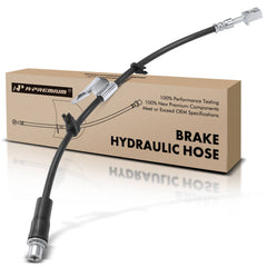 A-Premium packaged front-left brake hose showing product and fitment benefit