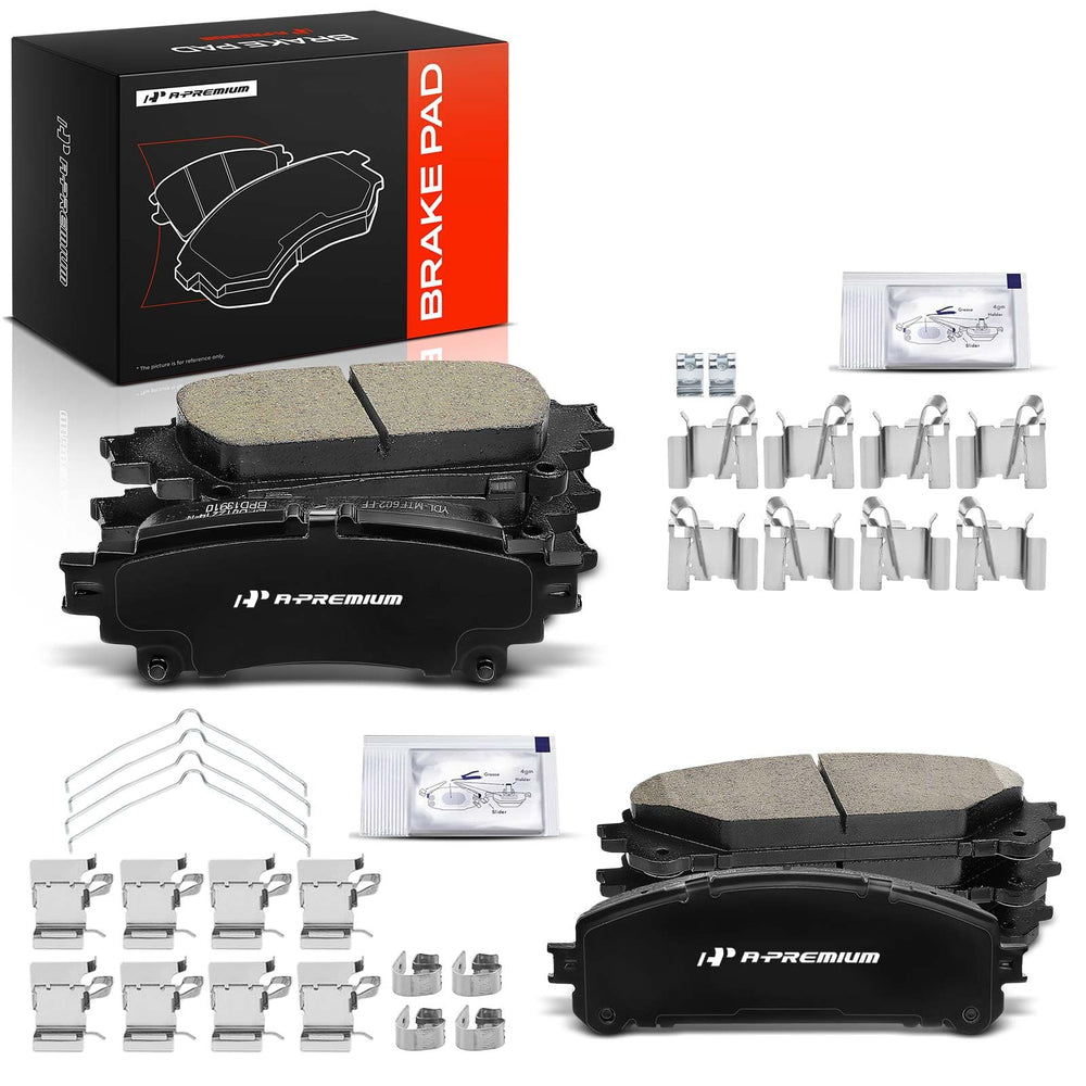 A-Premium packaging showing full front and rear brake pad kit benefits