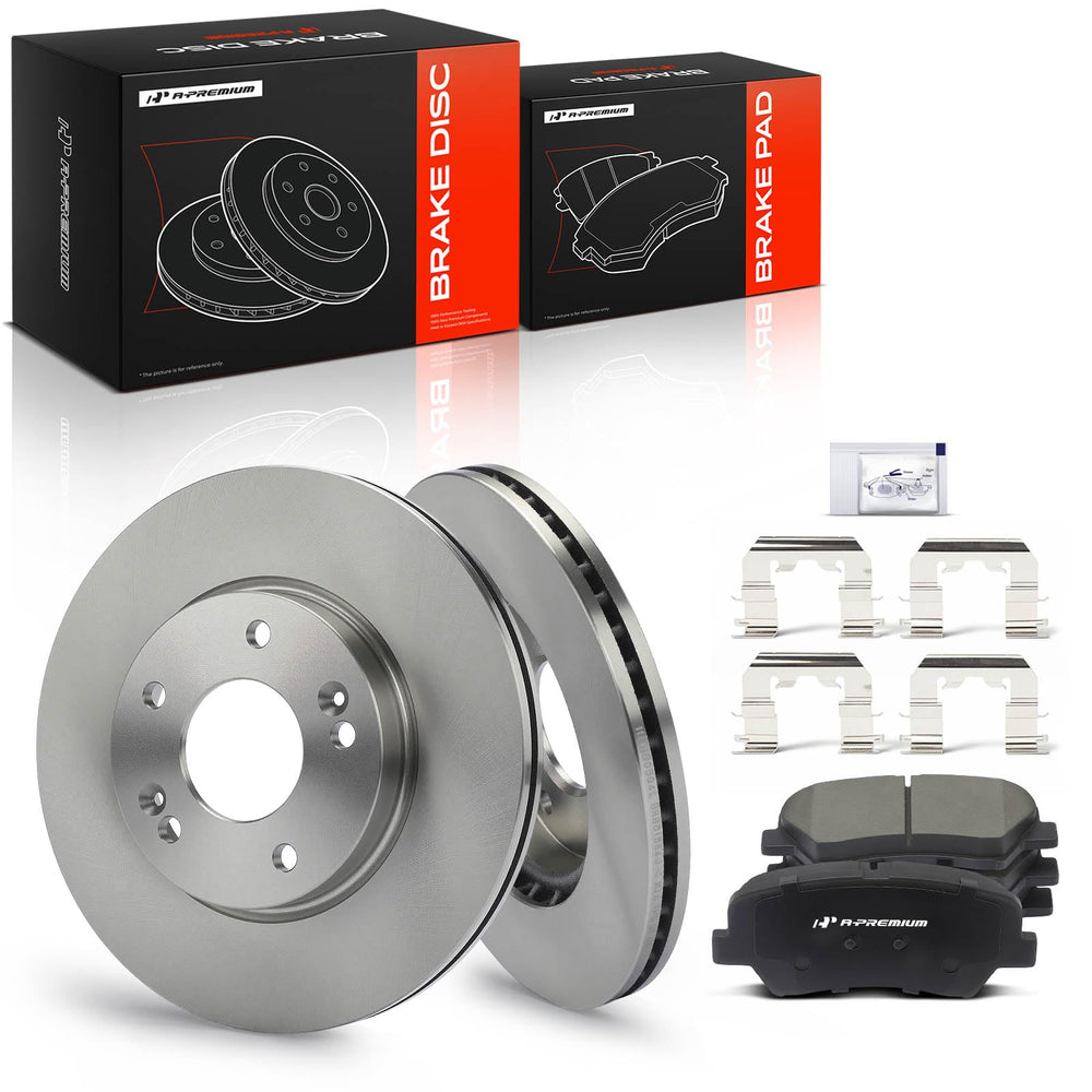 A-Premium front rotors and pads kit shown front view for quick identification and fitment benefit