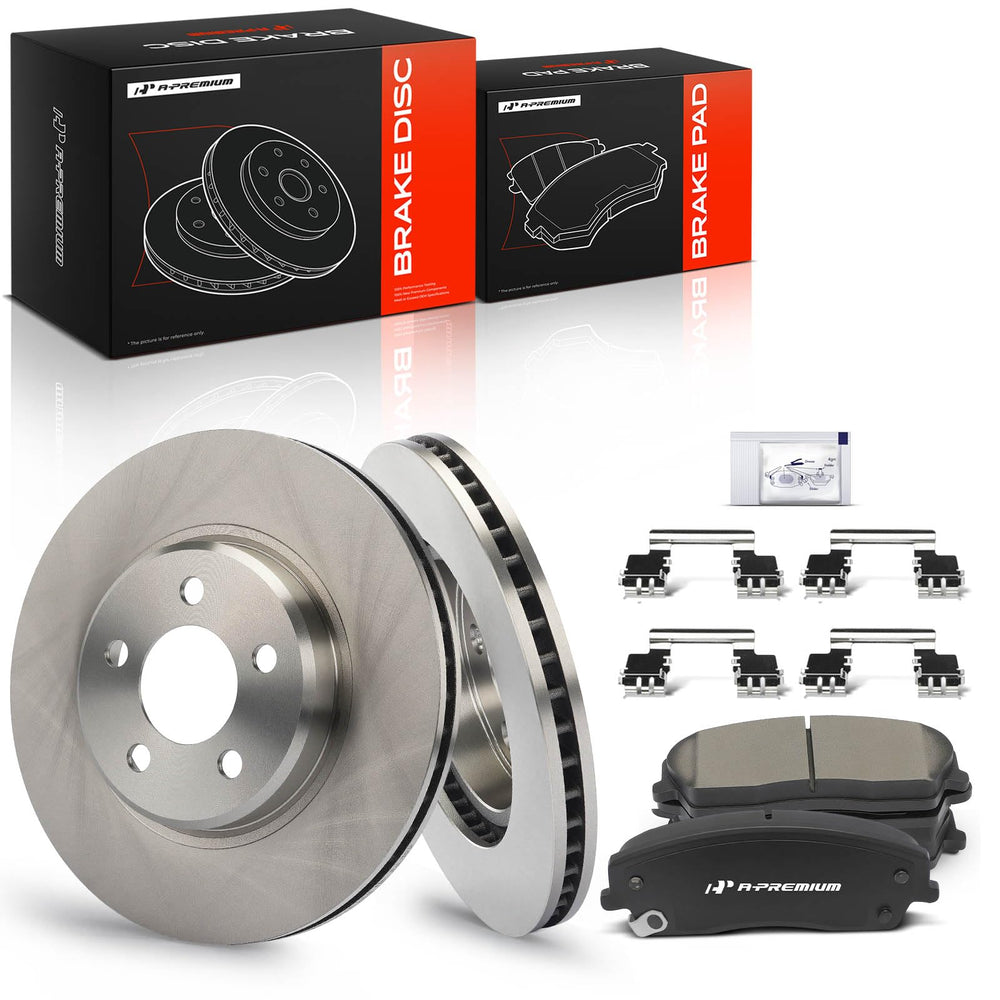 A-Premium front view kit showing rotors and pads, demonstrating complete replacement convenience