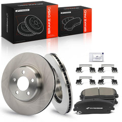 A-Premium front view kit showing rotors and pads, demonstrating complete replacement convenience