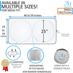 A1 Shades compact storage pouch holding the folded sun shade for portability