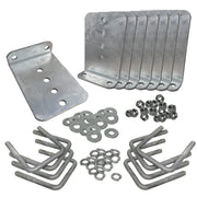 A.A front view of eight galvanized bunk brackets showing durable build and corrosion resistance
