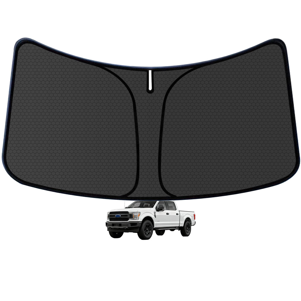 aatoppus F150 front view installed showing full windshield coverage and cooler cabin