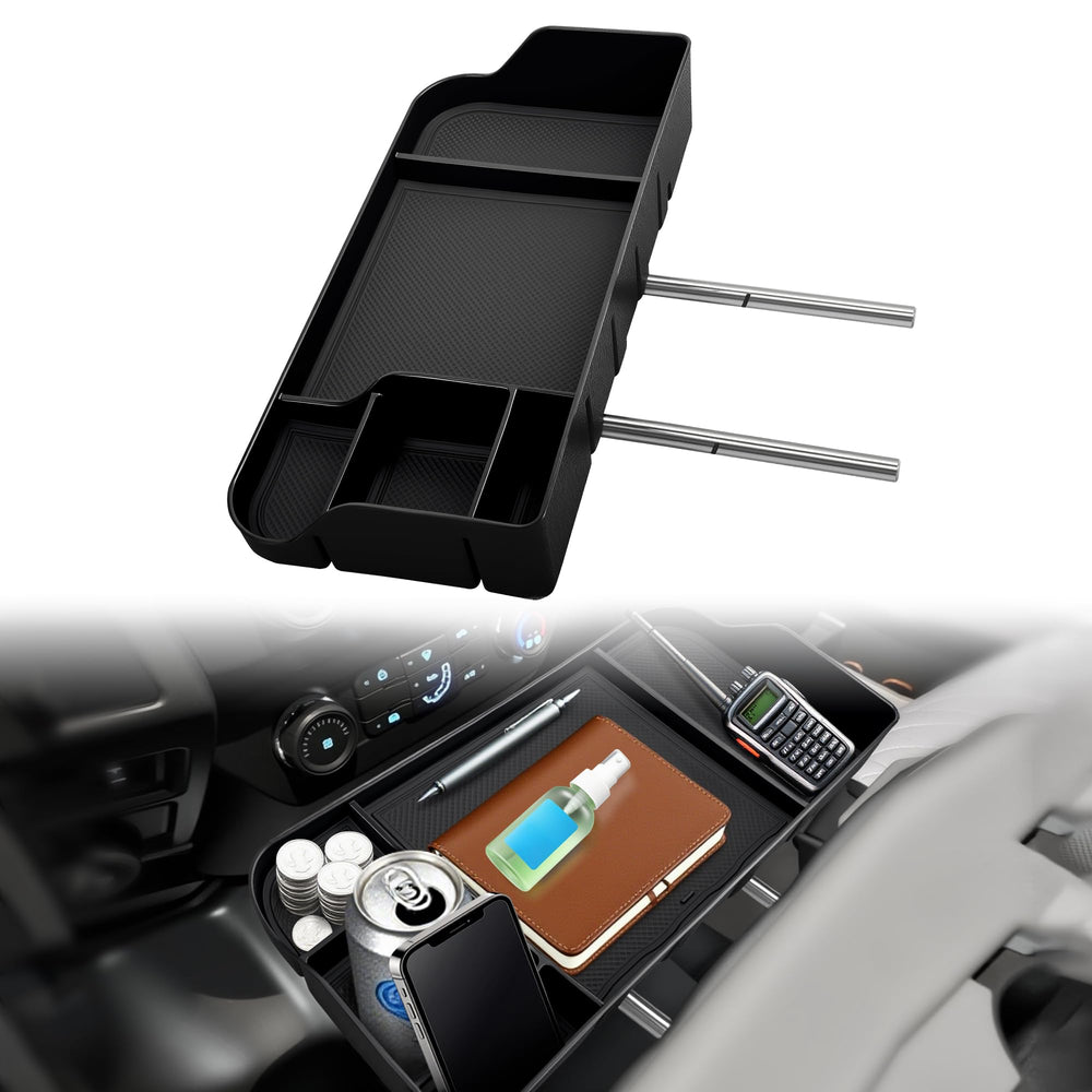 ABAGAEL front view headrest organizer showing integrated tray and cup holder for convenience