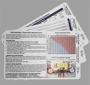 AC Service Tech front view of three double-sided reference cards showing key charts and labels for quick charging