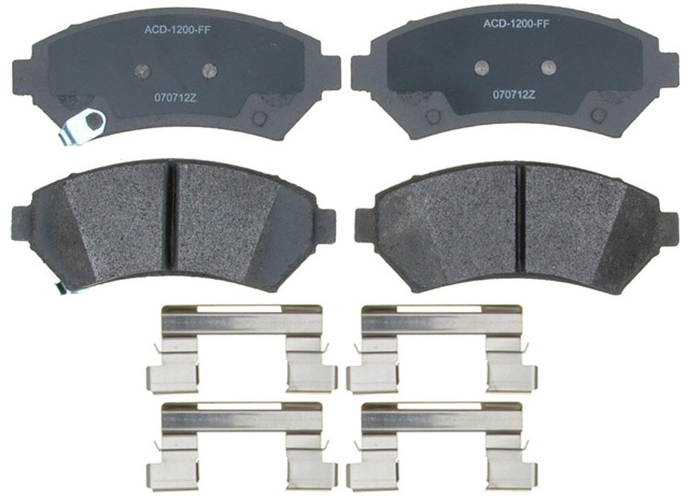 ACDelco front brake pad set packaging showing brand and fitment benefits