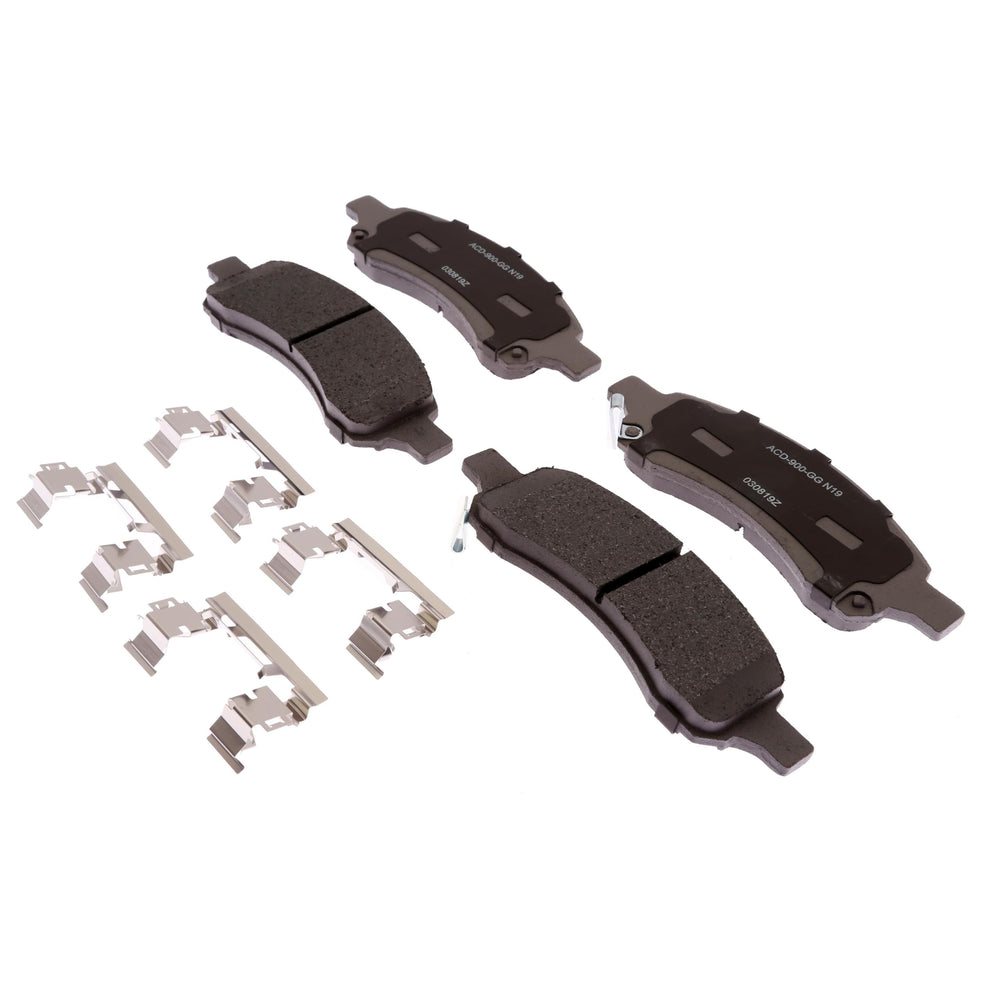 ACDelco front brake pad set front view showing included clips and fitment benefit