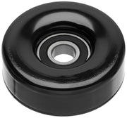 ACDelco Gold idler pulley front view showing mounting hole and smooth surface, ensures correct belt routing