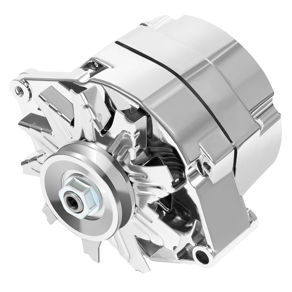ACEOOYCC chrome alternator front view showing polished housing and mounting, improves engine bay appearance