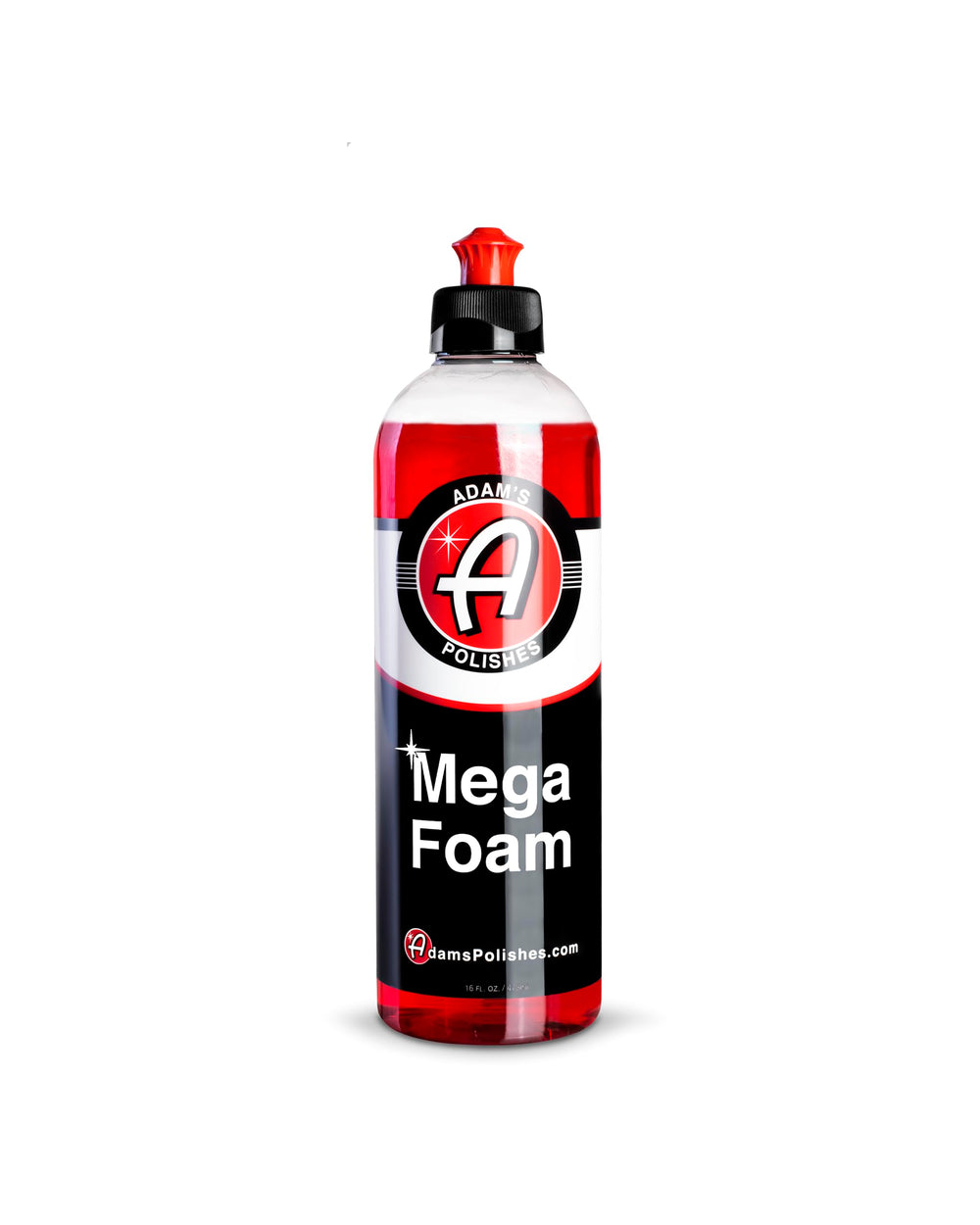 Adam's Mega Foam front label showing product name and 16oz size, clear benefit