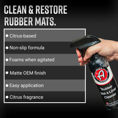 Adam's Polishes spraying cleaner on a rubber floor mat for deep clean