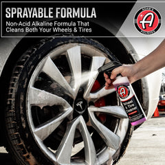 Adam's Polishes cleaning tire sidewall with brush, restores tire color benefit