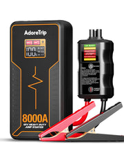 ADORETRIP front view of jump starter pack showing compact design and branding, reliable power