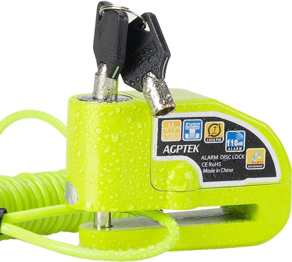 AGPTEK disc lock front view showing compact green body and alarm benefit