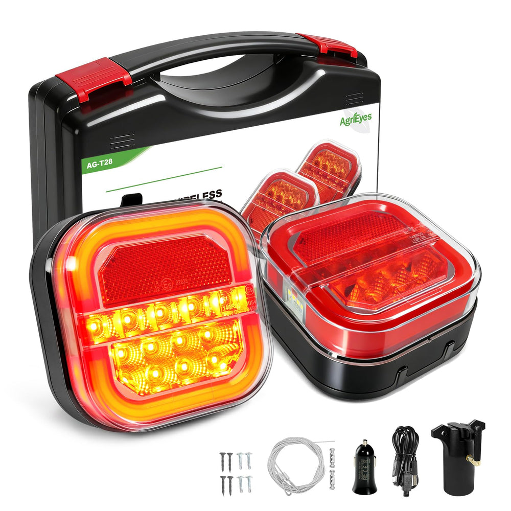 Agrieyes front view of complete wireless tow light kit showing all components and quick setup benefit