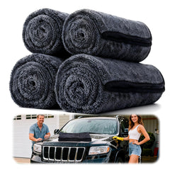 Aidoclip 4-pack front view showing black towels and compact packaging for quick identification
