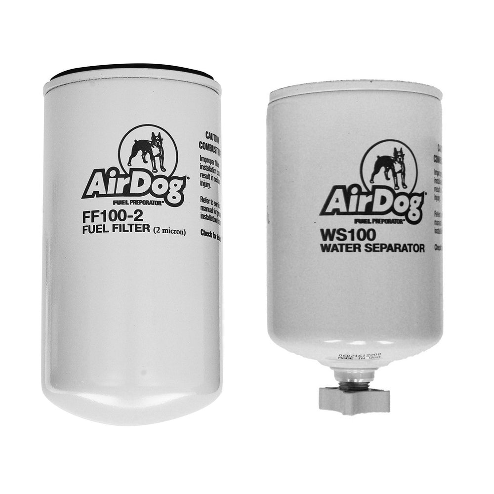 AirDog WS100 and FF100-2 front packaging showing new filters and brand for reliable filtration
