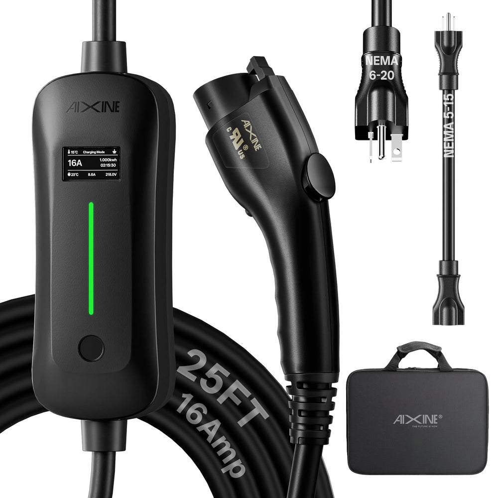 AIXINE front view showing charger, plugs and overall design for easy portability