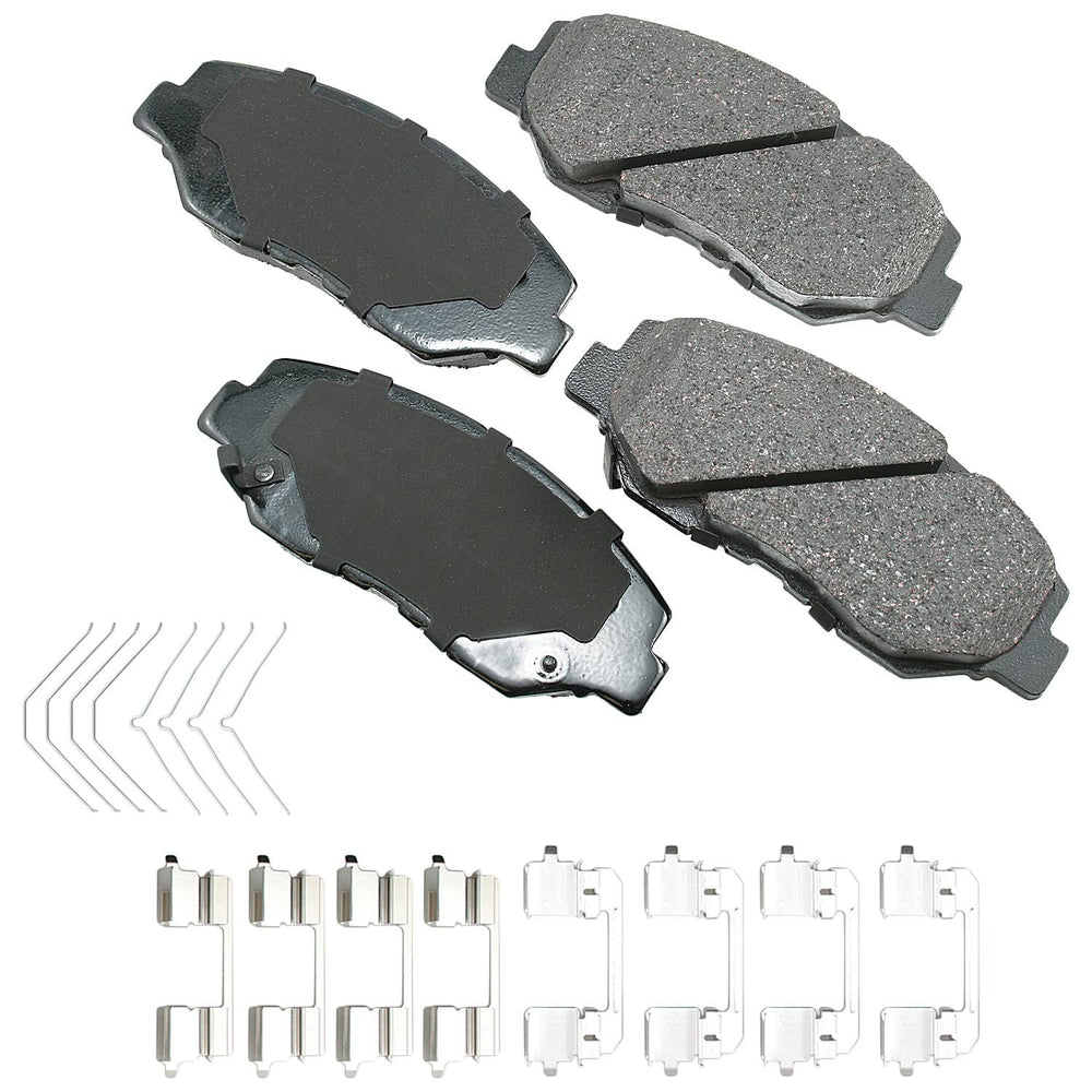 Akebono front pads packaging showing ceramic pads and cleaner wheels benefit