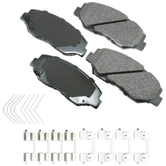 Akebono front pads packaging showing ceramic pads and cleaner wheels benefit