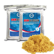 AKM front packaging showing two 5L resin bags and labeling for easy replacement benefit