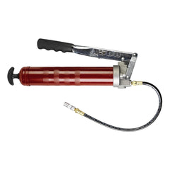 Alemite 500-E grease gun front view showing aluminum head and lever, durable reliable tool