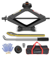 ALIXUEQIN scissor jack front view showing sturdy alloy construction and benefit of strong lifting
