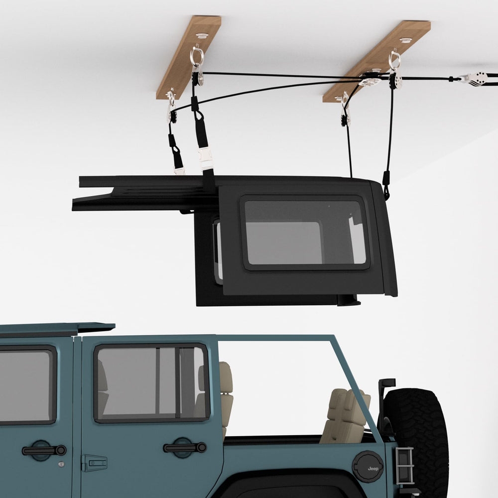 ALLCOS front packaging showing complete hoist kit and contents for easy installation benefit