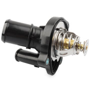 Allmotorparts thermostat housing front view showing mounting points and improved sealing