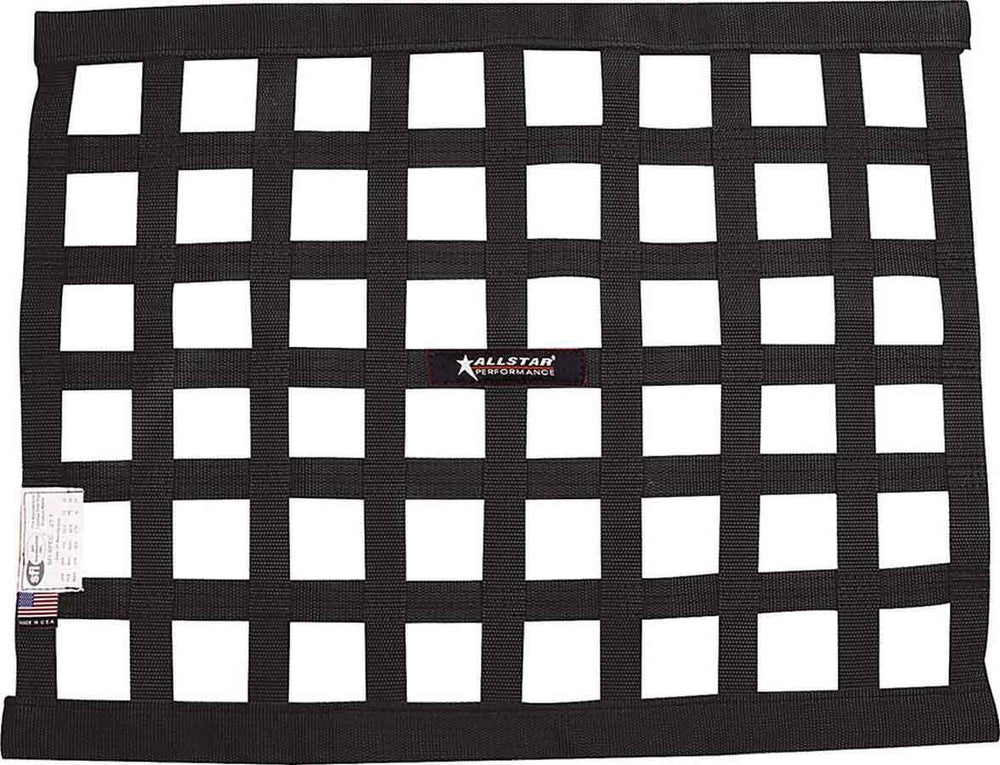 Allstar Performance front view black window net showing full dimensions and fitment benefit