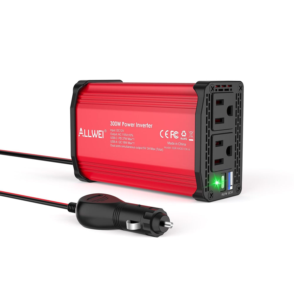 ALLWEI front panel showing AC outlets and USB ports for instant device power
