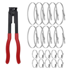 Alpha Rider front view of pliers and 20 stainless clamps showing kit completeness and portability