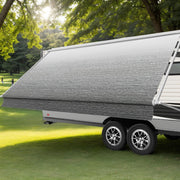 AlphabetAcre front view of 15ft awning fabric showing neat finish and modern ombré gray benefit durability