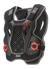 Alpinestars chest protector front view in black red showing fit and coverage