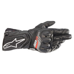 Alpinestars SP-8 V3 front gauntlet view showing secure cuff and sleek black design for protection