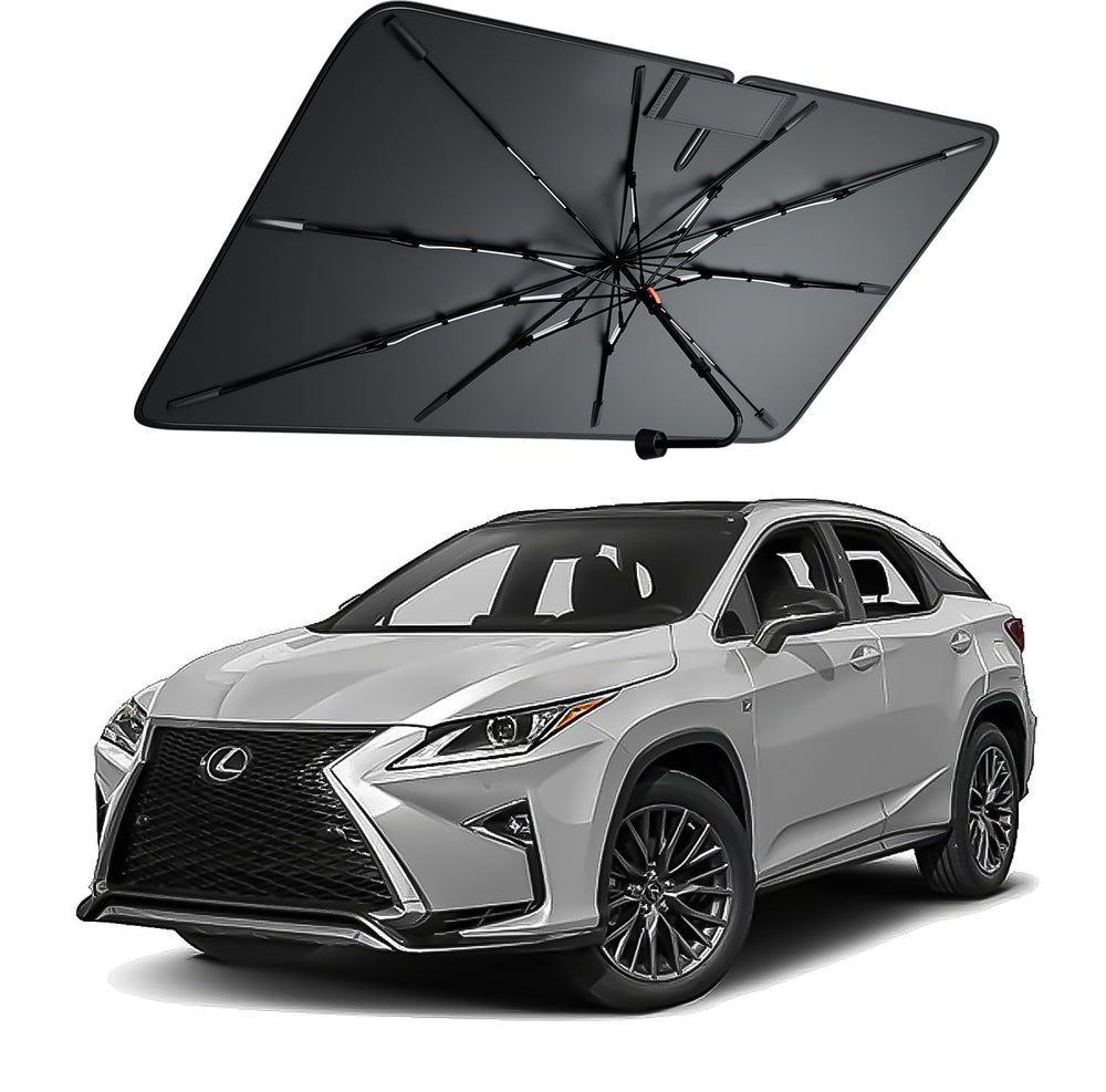 AMADAW front view of custom-fit shade showing full windshield coverage and cool interior benefit