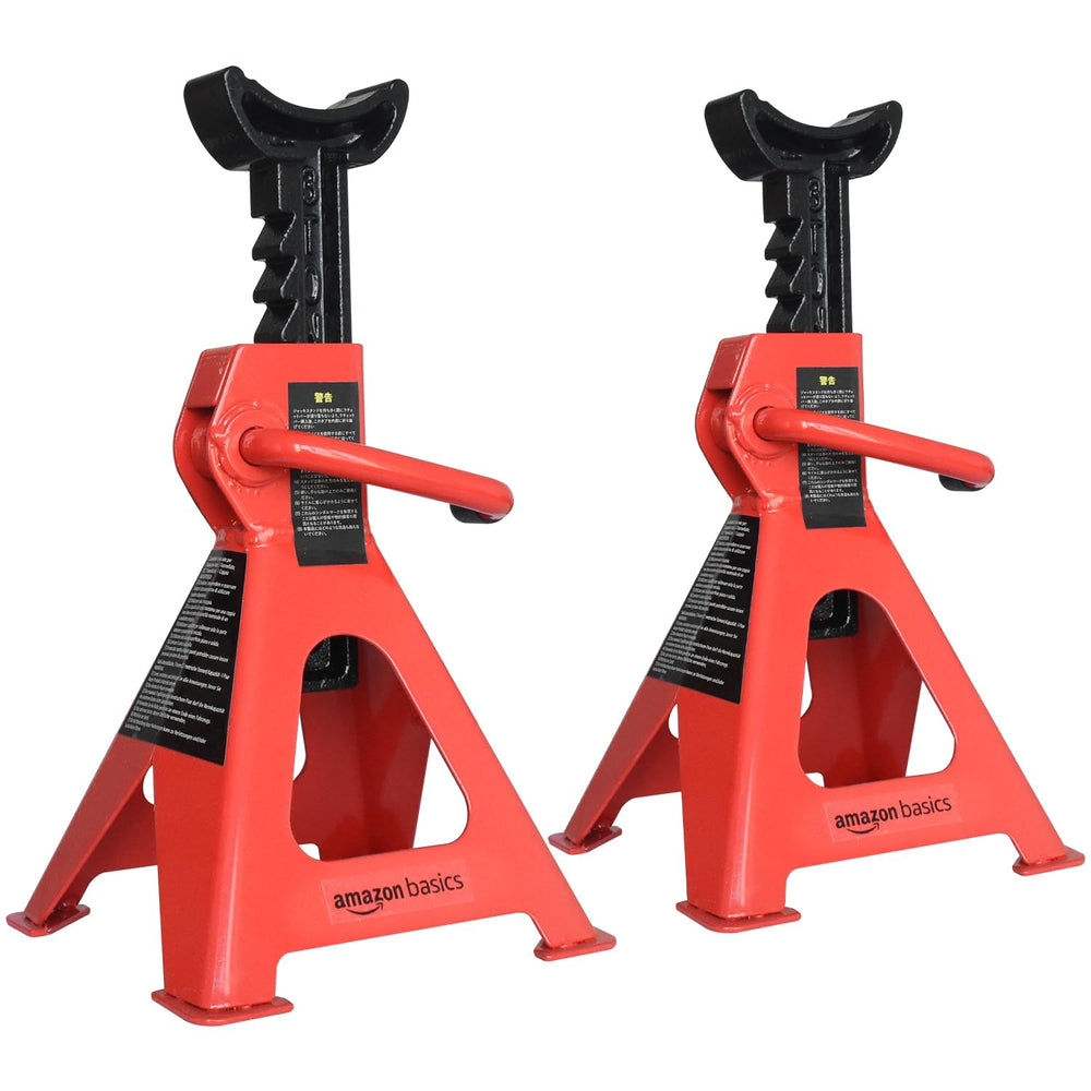 Amazon Basics front view of jack stands showing sturdy frame and capacity label benefit: clear load info