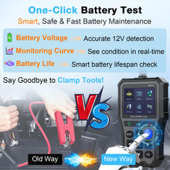 AMTIFO close-up of battery tester readout showing voltage and health