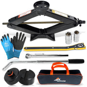 AMVIA scissor jack front view showing sturdy lift frame and safe operation benefit