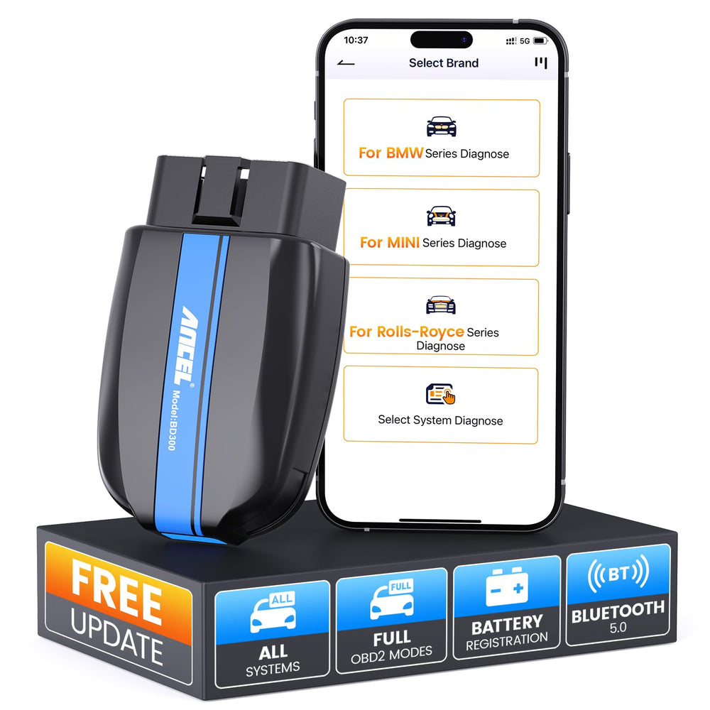 ANCEL BD300 front view showing compact Bluetooth OBD2 scanner and benefits for diagnostics