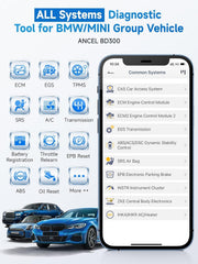 ANCEL BD300 paired with smartphone displaying ANCEL app and fast diagnostic results