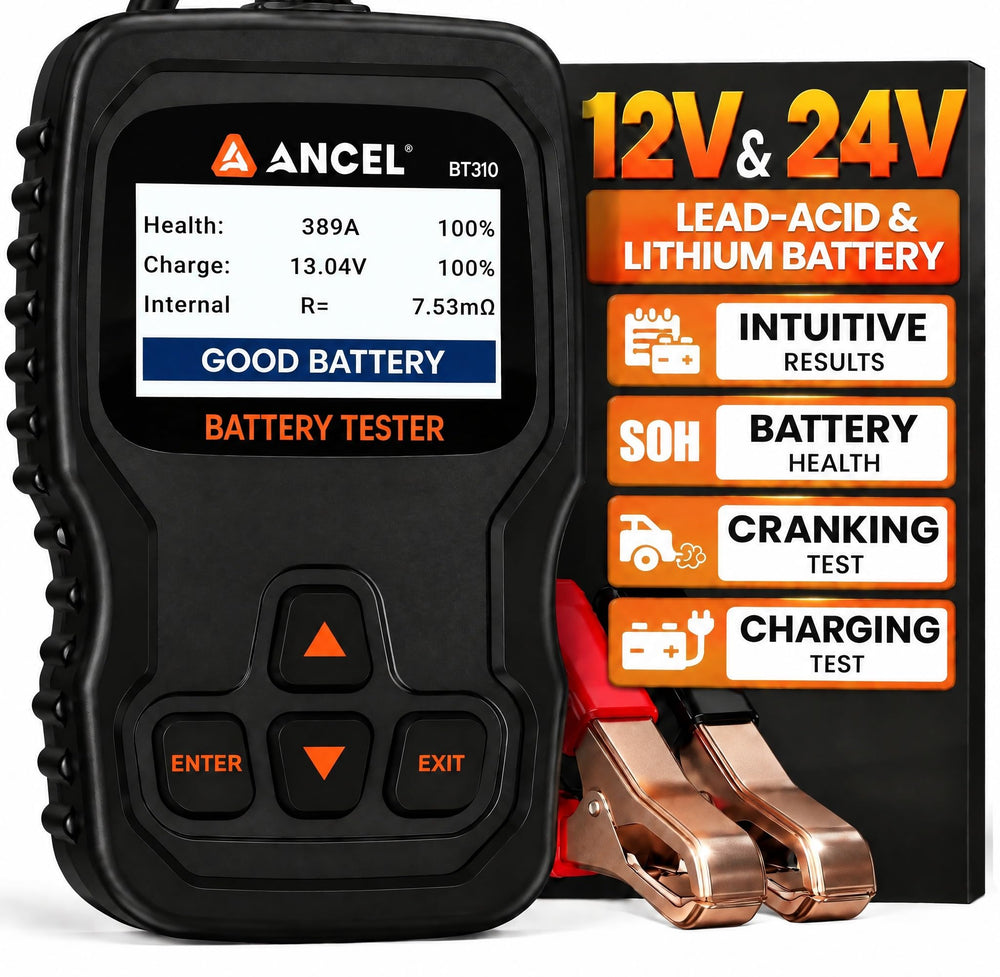 ANCEL BT310 front view showing screen and buttons, clear results for quick diagnosis