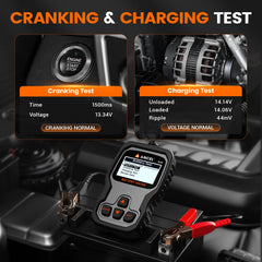 ANCEL BT310 connected to a car battery under hood, fast battery and charging checks